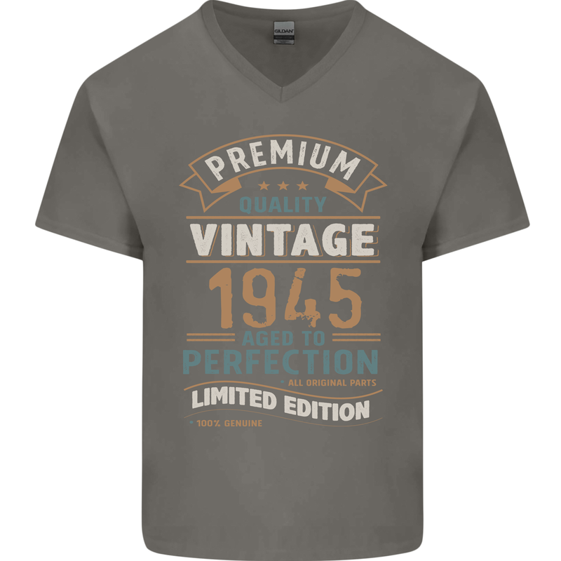 Premium Vintage 78th Birthday 1945 Mens V-Neck Cotton T-Shirt Charcoal