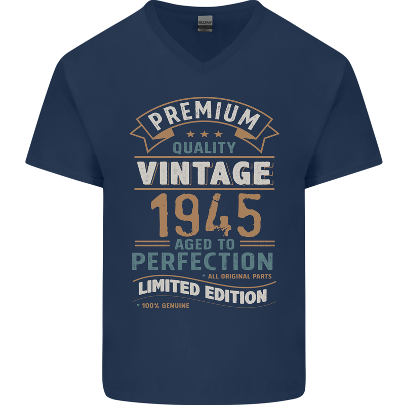 Premium Vintage 78th Birthday 1945 Mens V-Neck Cotton T-Shirt Navy Blue