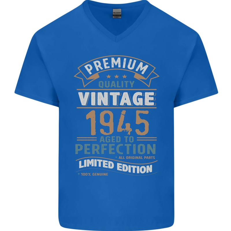 Premium Vintage 78th Birthday 1945 Mens V-Neck Cotton T-Shirt Royal Blue