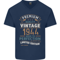 Premium Vintage 79th Birthday 1944 Mens V-Neck Cotton T-Shirt Navy Blue