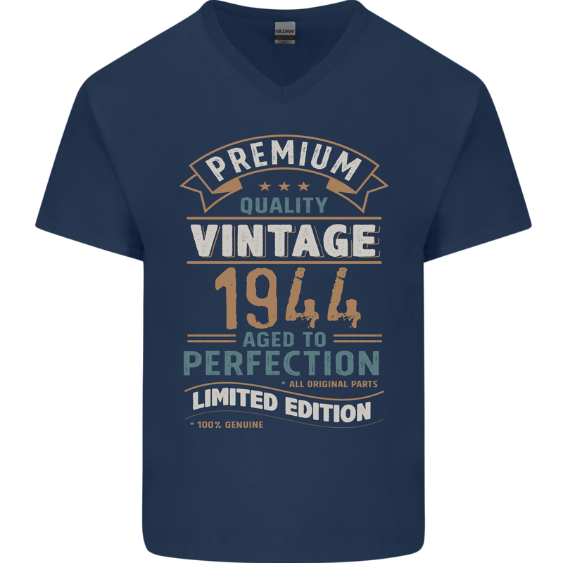 Premium Vintage 79th Birthday 1944 Mens V-Neck Cotton T-Shirt Navy Blue