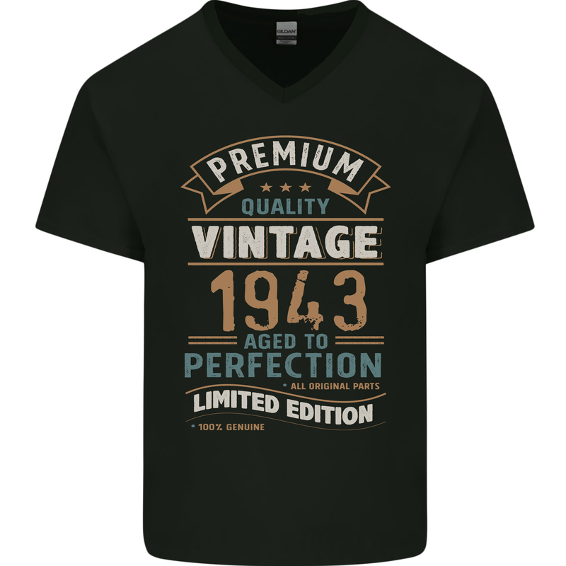 Premium Vintage 80th Birthday 1943 Mens V-Neck Cotton T-Shirt Black
