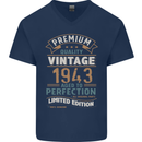 Premium Vintage 80th Birthday 1943 Mens V-Neck Cotton T-Shirt Navy Blue