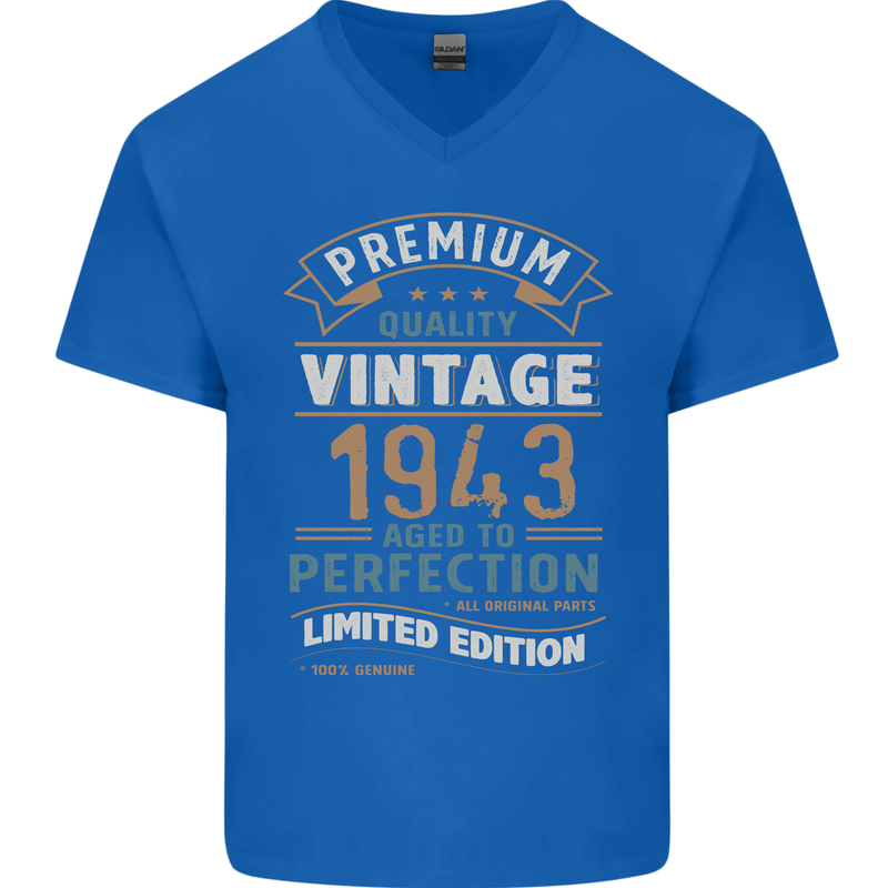 Premium Vintage 80th Birthday 1943 Mens V-Neck Cotton T-Shirt Royal Blue