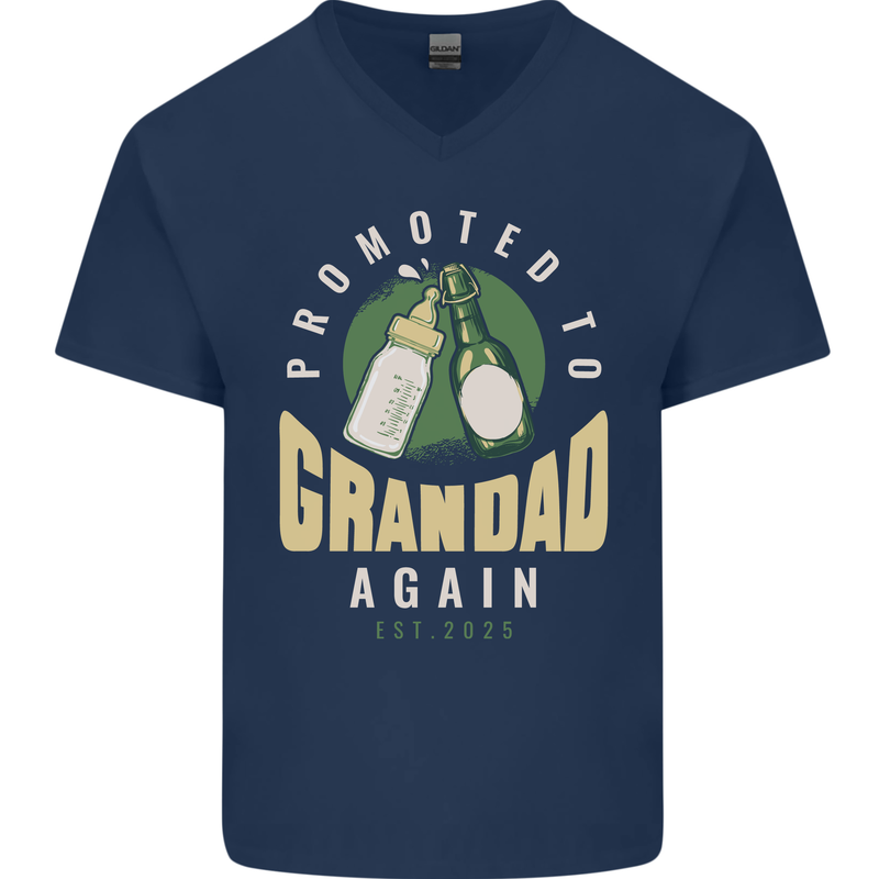 Promoted to Grandad Est. 2025 Mens V-Neck Cotton T-Shirt Navy Blue
