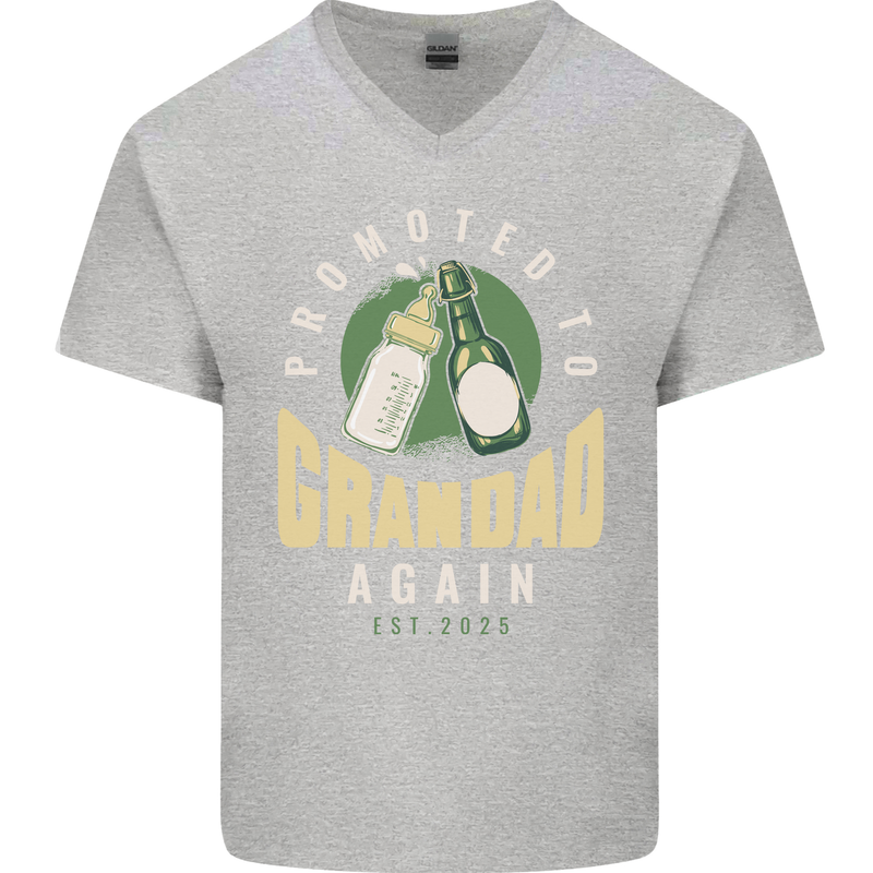 Promoted to Grandad Est. 2025 Mens V-Neck Cotton T-Shirt Sports Grey