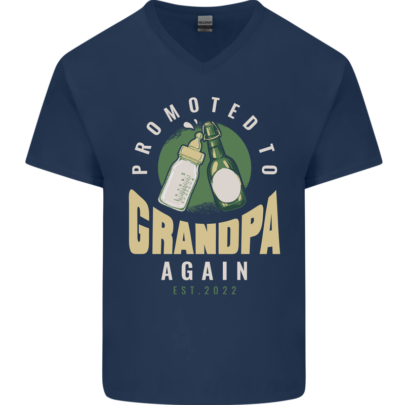 Promoted to Grandpa Est. 2022 Mens V-Neck Cotton T-Shirt Navy Blue