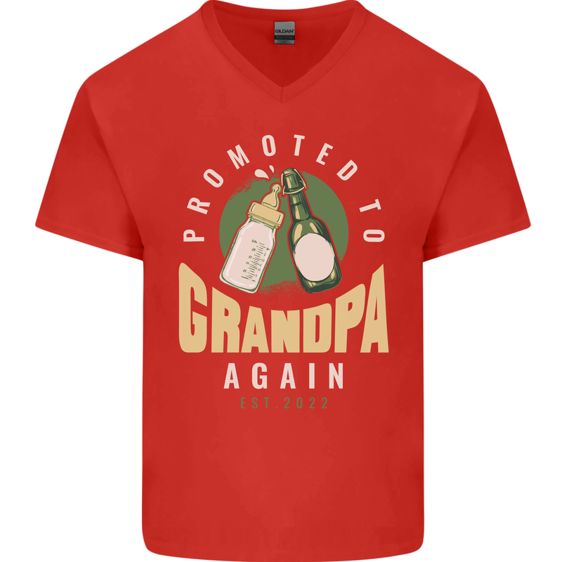 Promoted to Grandpa Est. 2022 Mens V-Neck Cotton T-Shirt Red
