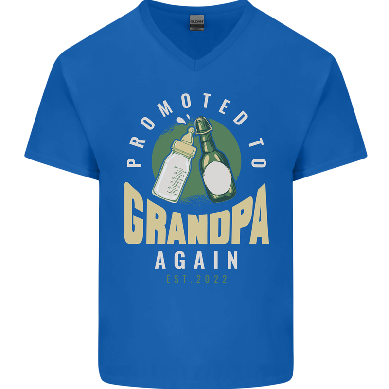 Promoted to Grandpa Est. 2022 Mens V-Neck Cotton T-Shirt Royal Blue