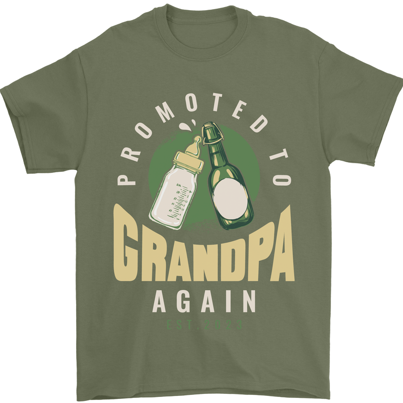 Promoted to Grandpa Est. 2023 Mens T-Shirt 100% Cotton Military Green