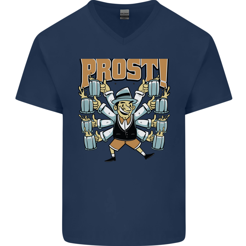 Prost German Oktoberfest Beer Mens V-Neck Cotton T-Shirt Navy Blue