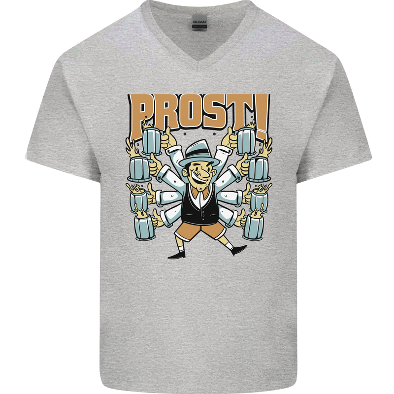 Prost German Oktoberfest Beer Mens V-Neck Cotton T-Shirt Sports Grey