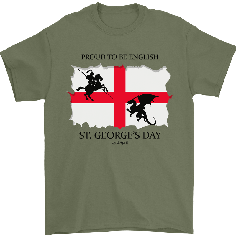 Proud to Be English St Georges Day Flag Mens T-Shirt 100% Cotton Military Green