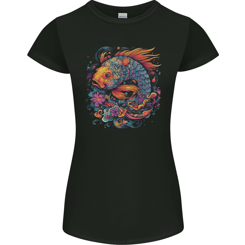 Psychedelic Koi Carp Fish Womens Petite Cut T-Shirt Black