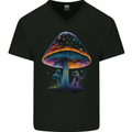 Psychedelic Magic Mushroom LSD Trippy Mens V-Neck Cotton T-Shirt Black
