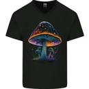 Psychedelic Magic Mushroom LSD Trippy Mens V-Neck Cotton T-Shirt Black