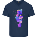 Psychedelic Magic Mushrooms LSD Mens V-Neck Cotton T-Shirt Navy Blue