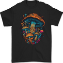 a black t - shirt with colorful mushrooms on it