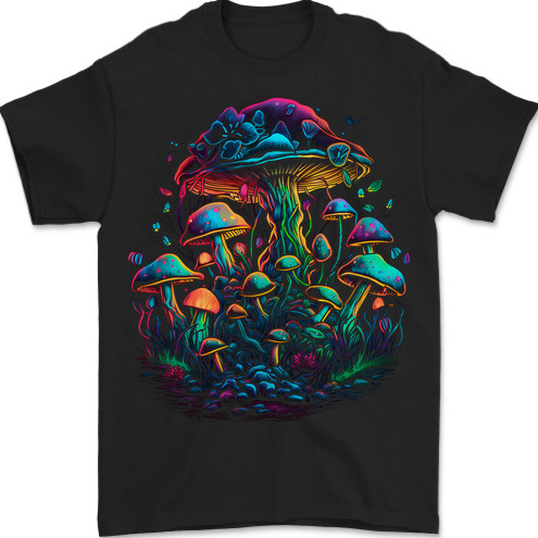 a black t - shirt with colorful mushrooms on it