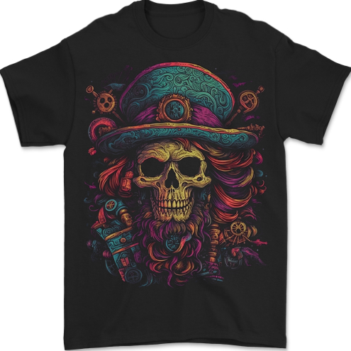 a black t - shirt with a skull wearing a pirate hat