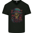 Psychedelic Pirate Skull LSD Trippy Demonic Mens V-Neck Cotton T-Shirt Black