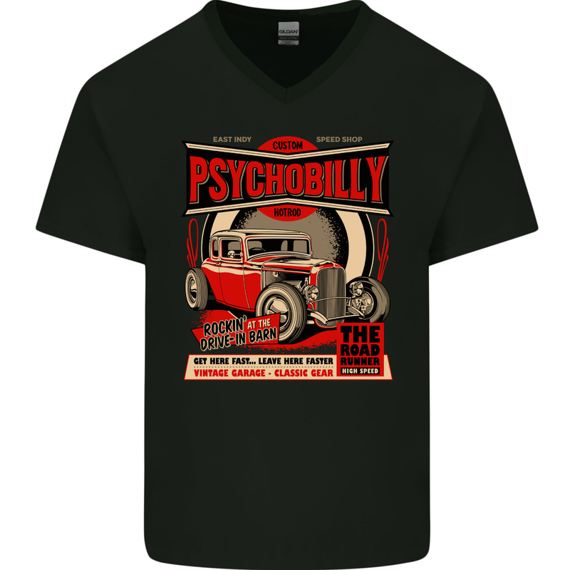 Psychobilly Custom Hot Rod Mens V-Neck Cotton T-Shirt Black