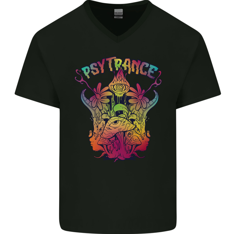 Psytrance Psychedelic Trance Music Psy Mens V-Neck Cotton T-Shirt Black