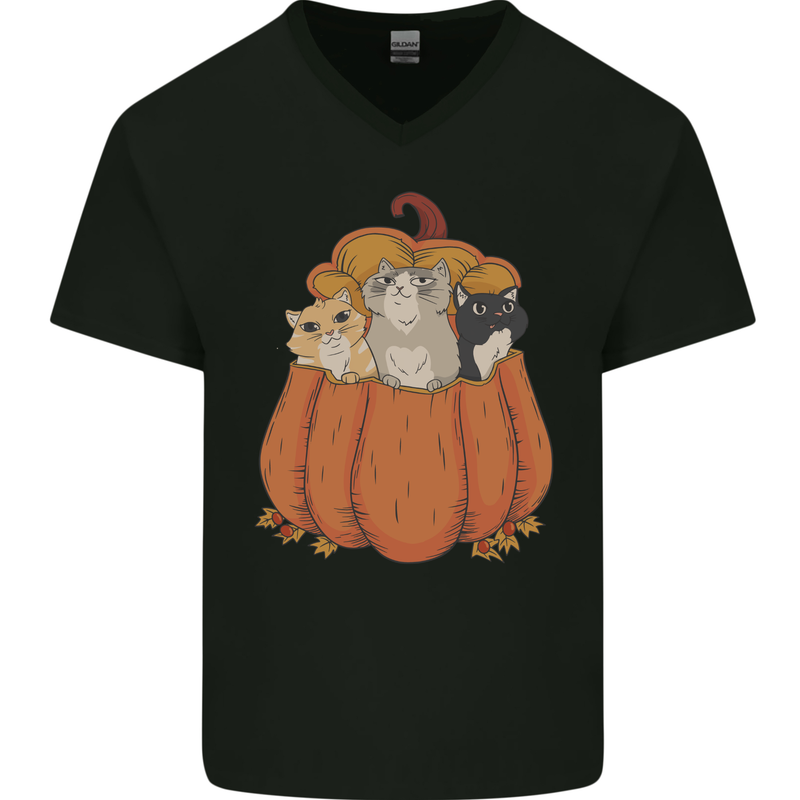 Pumpkin Cats Funny Halloween Mens V-Neck Cotton T-Shirt Black