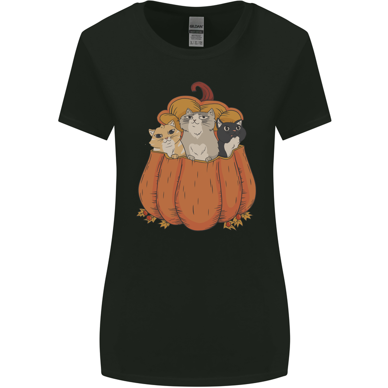 Pumpkin Cats Funny Halloween Womens Wider Cut T-Shirt Black