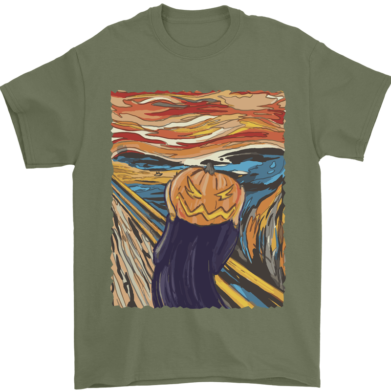 Pumpkin Scream Painting Halloween Mens T-Shirt 100% Cotton Military Green