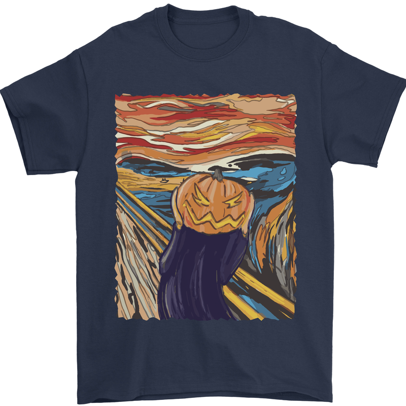 Pumpkin Scream Painting Halloween Mens T-Shirt 100% Cotton Navy Blue