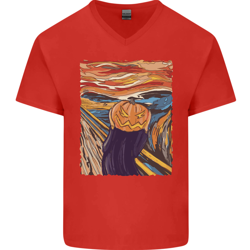 Pumpkin Scream Painting Halloween Mens V-Neck Cotton T-Shirt Red