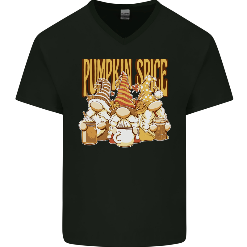 Pumpkin Spice Gnomes Halloween Mens V-Neck Cotton T-Shirt Black