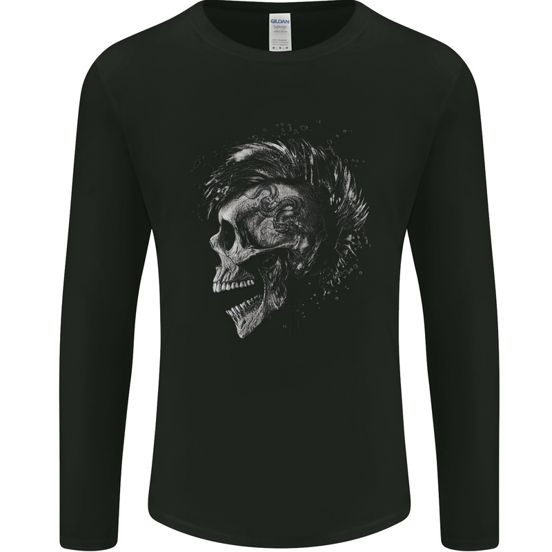 Punk Rock Skull With Tattoos Skull Music Mens Long Sleeve T-Shirt Black