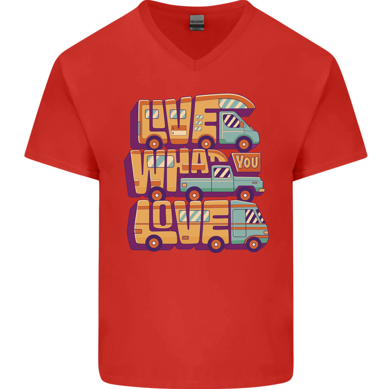 RV Live What You Love Motorhome Caravan Mens V-Neck Cotton T-Shirt Red