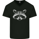Raccoon Face Mens V-Neck Cotton T-Shirt Black