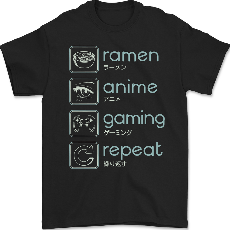 Ramen Anime Gaming Repeat Gamer Mens Gildan Cotton T-Shirt Black