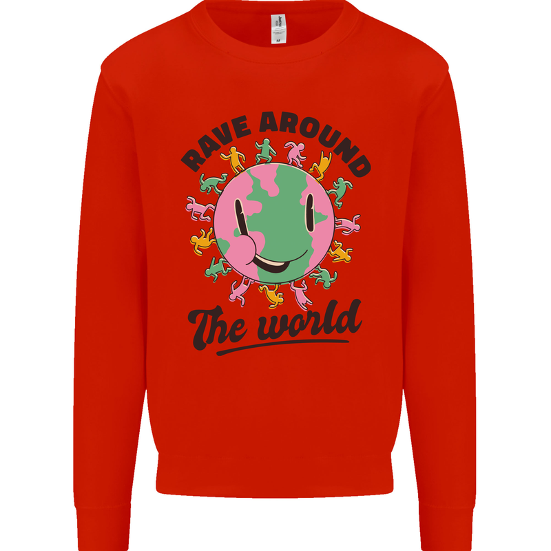 Rave Around the World Dance Music Acid Raver Kids Sweatshirt Jumper Bright Red