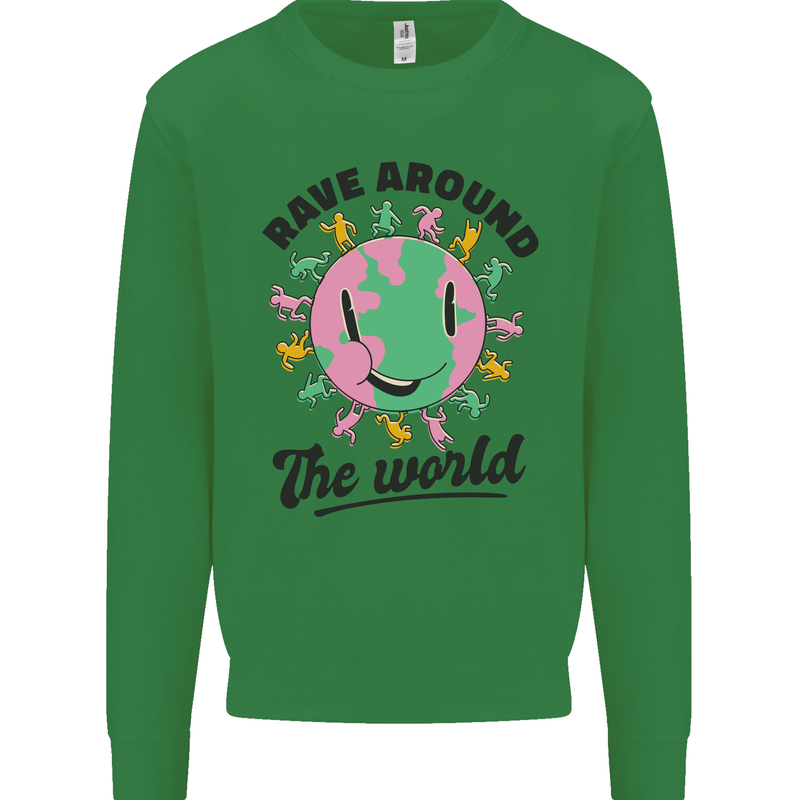 Rave Around the World Dance Music Acid Raver Kids Sweatshirt Jumper Irish Green