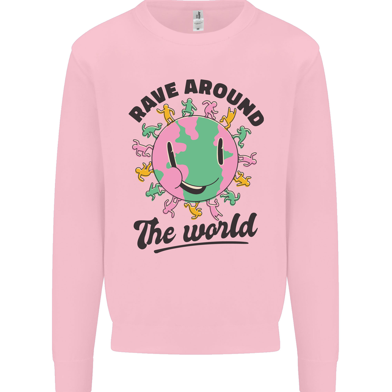 Rave Around the World Dance Music Acid Raver Kids Sweatshirt Jumper Light Pink