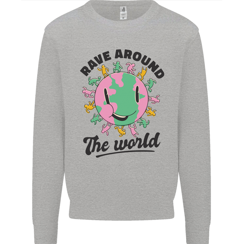 Rave Around the World Dance Music Acid Raver Kids Sweatshirt Jumper Sports Grey