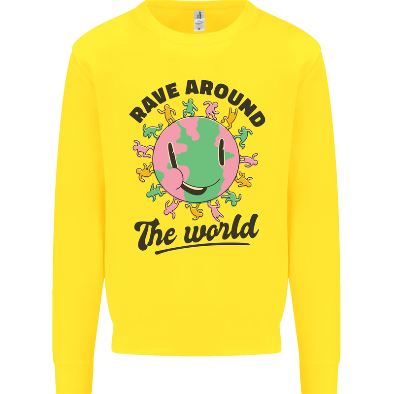 Rave Around the World Dance Music Acid Raver Kids Sweatshirt Jumper Yellow