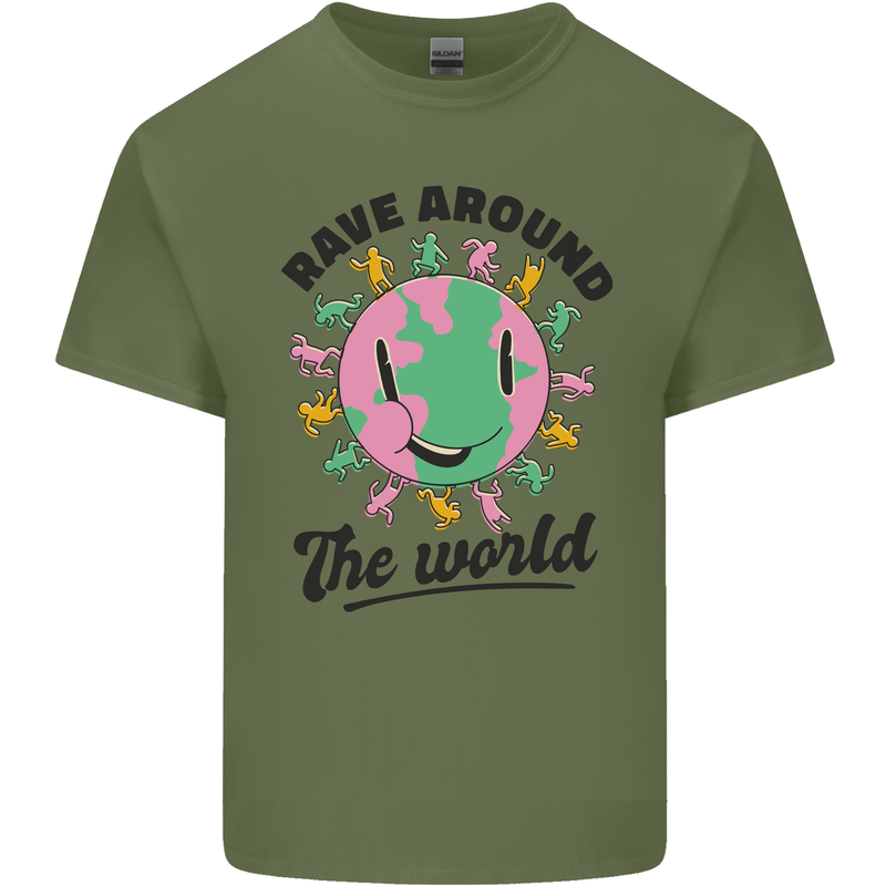 Rave Around the World Dance Music Acid Raver Mens Cotton T-Shirt Tee Top Military Green