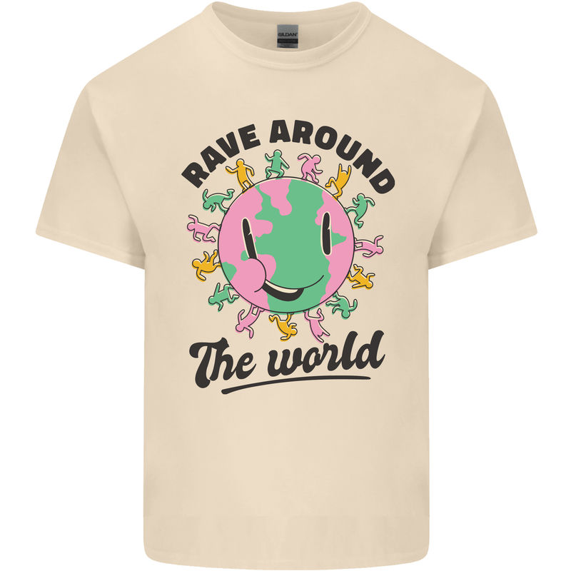 Rave Around the World Dance Music Acid Raver Mens Cotton T-Shirt Tee Top Natural