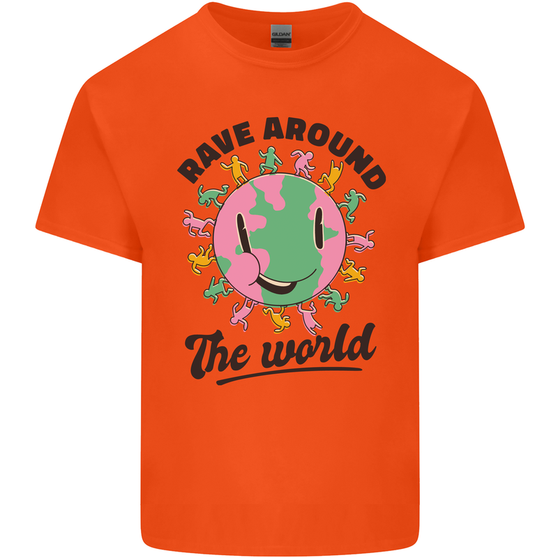 Rave Around the World Dance Music Acid Raver Mens Cotton T-Shirt Tee Top Orange