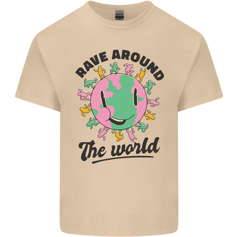 Rave Around the World Dance Music Acid Raver Mens Cotton T-Shirt Tee Top Sand