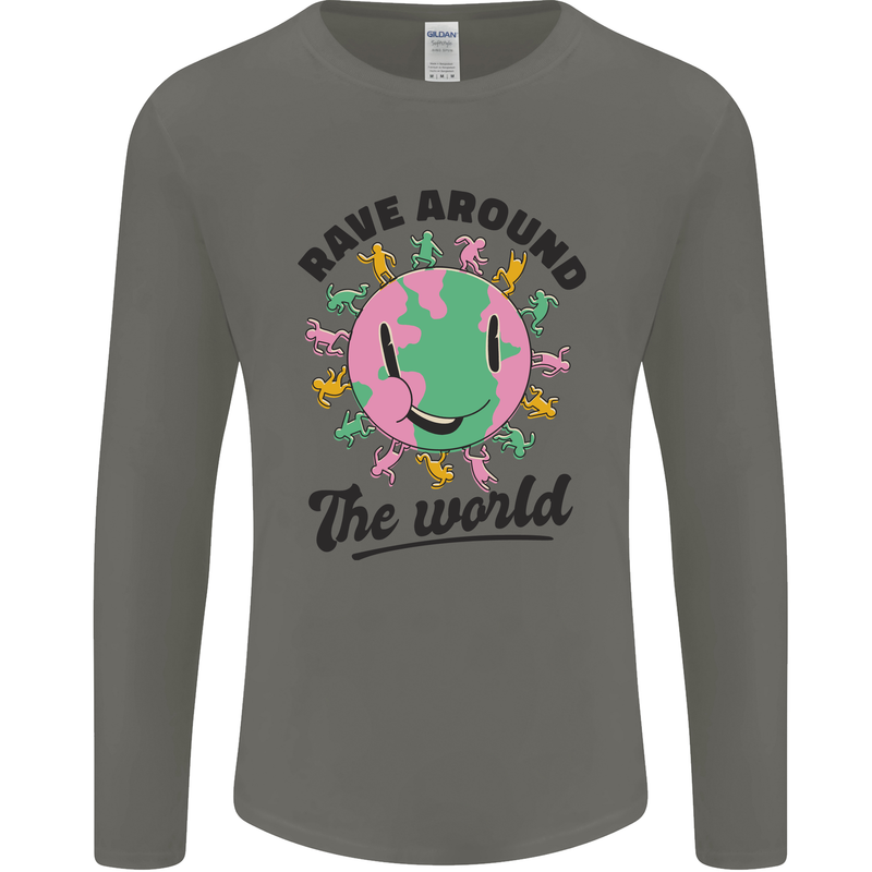 Rave Around the World Dance Music Acid Raver Mens Long Sleeve T-Shirt Charcoal