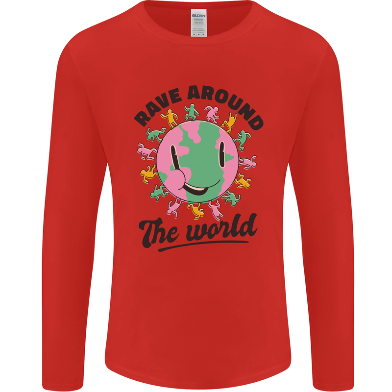 Rave Around the World Dance Music Acid Raver Mens Long Sleeve T-Shirt Red