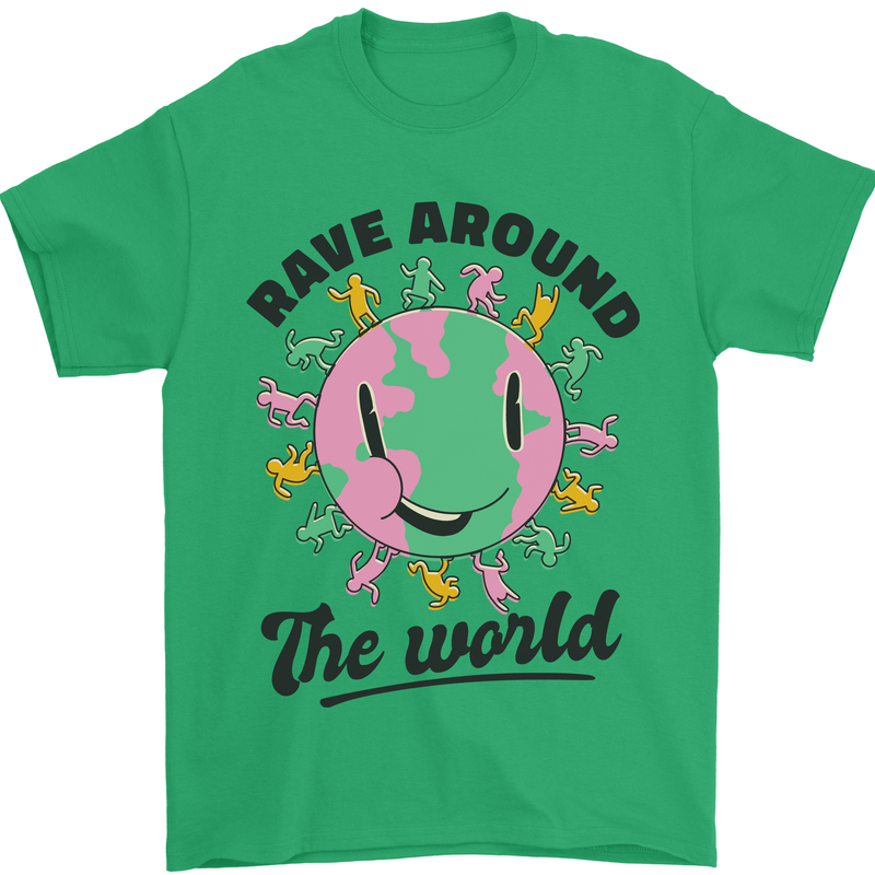 Rave Around the World Dance Music Acid Raver Mens T-Shirt 100% Cotton Irish Green