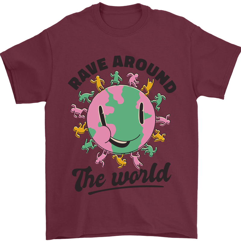 Rave Around the World Dance Music Acid Raver Mens T-Shirt 100% Cotton Maroon